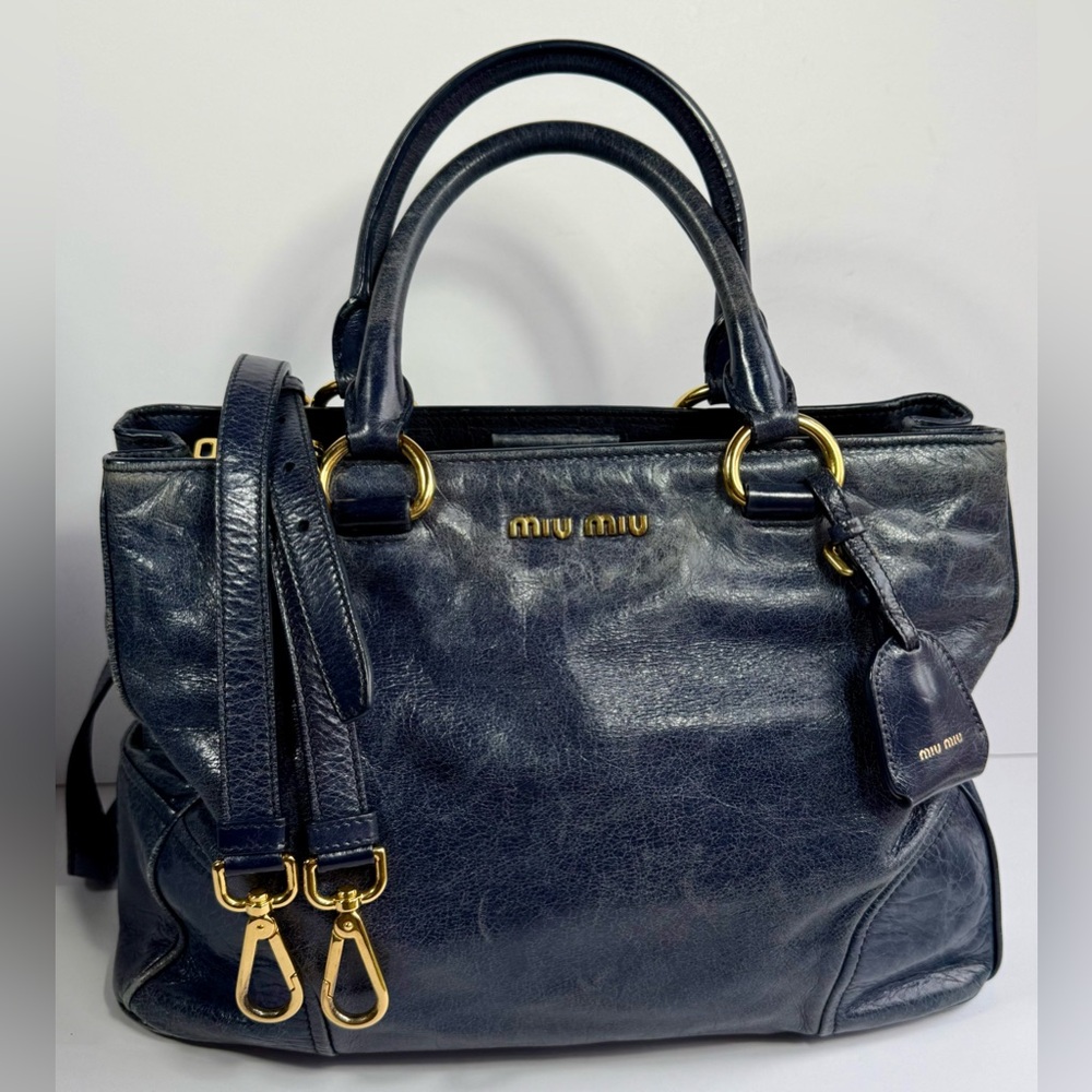 Miu Miu Vitello Lux Blue Leather Satchel Bag Distressed Finish Gold Hardware - Picture 3 of 13